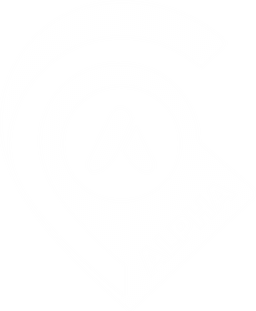 Logomarca da Alpha Táxi no formato de um pin semelhante aos marcadores usados em mapas estilizado com a palavra APLHA em um dos lados e um símbolo de seta semelhante a letra A no centro
